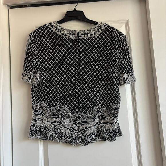 Adrianna Papell Black Beaded Evening Blouse Top Silk XL Formal Black Tie Elegant - Picture 7 of 9